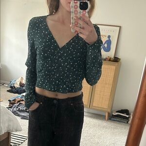 Brandy Melville Green Floral Wrap Crop Top